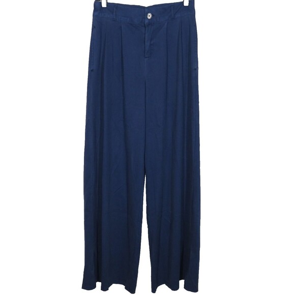Halara Blue Twill Pleated High Waist Wide Leg Ankle Slit Pants Size Small TALL - Picture 9 of 11